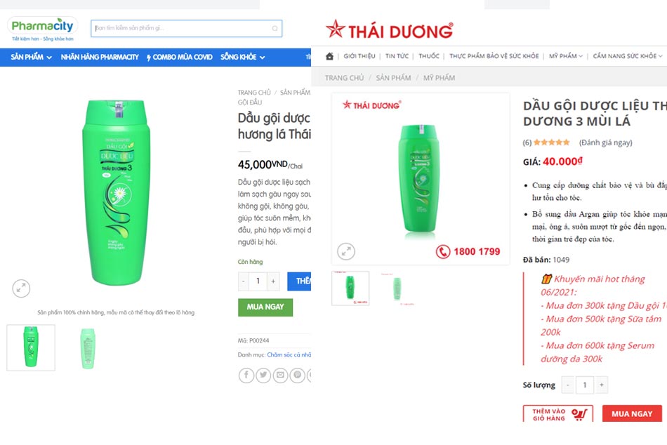 So sánh giá của Dầu gội dược liệu Thái Dương 3 giữa Pharmacity và Công ty Sao Thái Dương