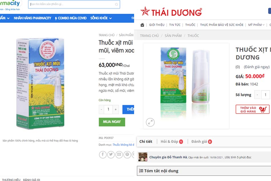So sánh giá của Thuốc xịt mũi Thái Dương giữa Pharmacity và Công ty Sao Thái Dương
