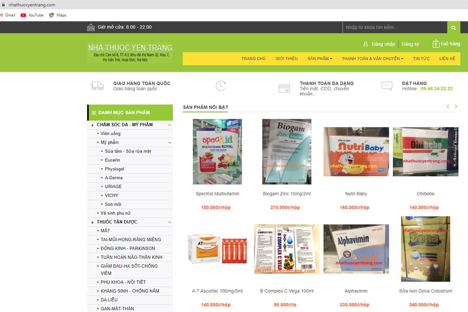 Hình ảnh website của nhà thuốc Yến Trang
